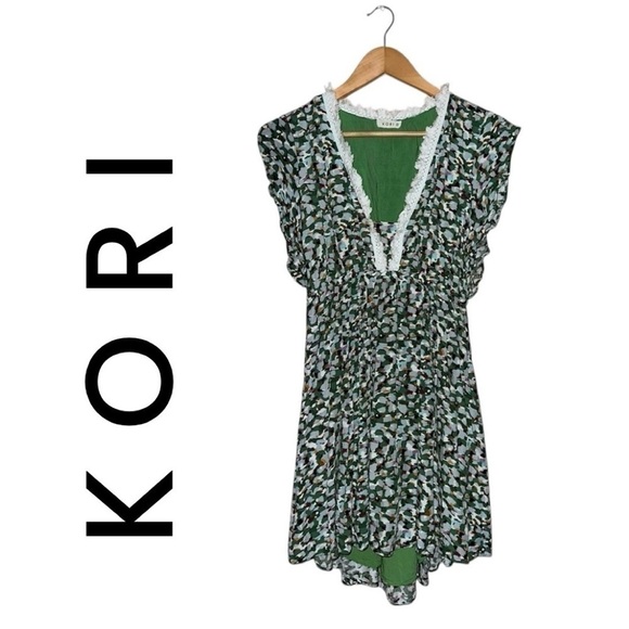 Kori Dresses & Skirts - KORI Green Multi Color V-Neck Hi-Li Dress Lined Fringe Lace Flutter Boho Wmn S